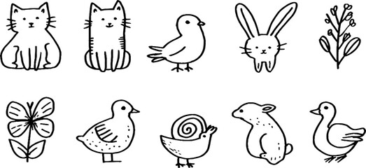 Obraz premium Outline animal sticker sheet with cat bunny bird fish butterfly snail and duck for planner stickers and craft labels
