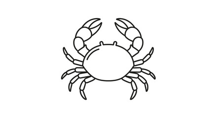 Fototapeta premium Simple black and white line art drawing of a crab with claws raised on a plain background.