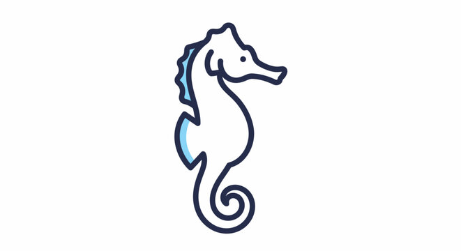 A simple line art illustration of a seahorse with blue accents, depicting marine life.