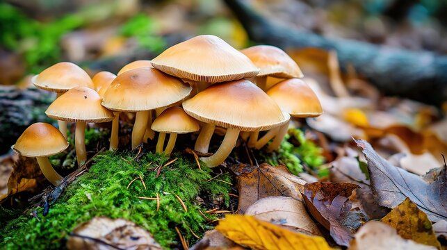 acculturation. Mushrooms growing on forest floor among moss and leaves under sunlight. gardening catalogs, home-decor guides, designed for gardening and botanical catalogs, celebrates nature.