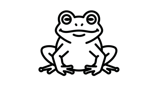 Simple black and white line art illustration of a happy frog sitting, facing forward with a friendly smile.