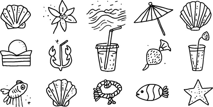Coastal summer shell and anchor sticker sheet with waves umbrella drinks and tropical motifs for summer sticker design and planners