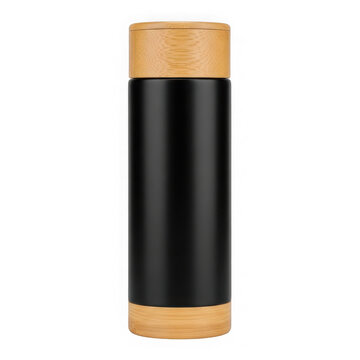 Black cosmetic bottle mockup with bamboo cap, 3D render isolated on white