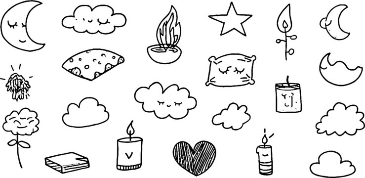 Hand drawn sleepy moon and star sticker sheet with pillows candles and clouds for cozy planner stickers and background design