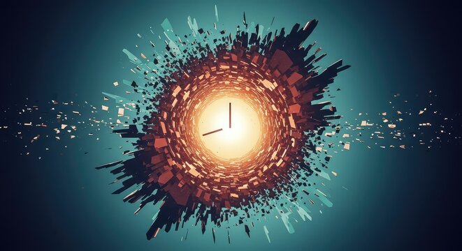 Abstract representation of time stretching and warping into a dynamic vortex of digital light and fractured colors, symbolizing non-linearity, blur, temporal, energy