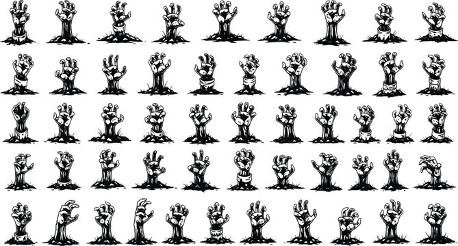 "Zombie hands silhouettes emerging from ground in sequence, skeletal fingers rising upward, spooky horror artwork symbolizing resurrection and apocalypse"Mobile