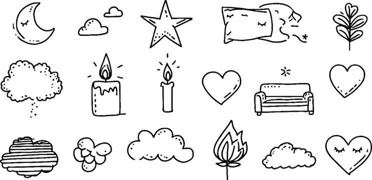 Hand drawn moon star and pillow sticker sheet with candles clouds hearts and leaves for cozy planner stickers and background design