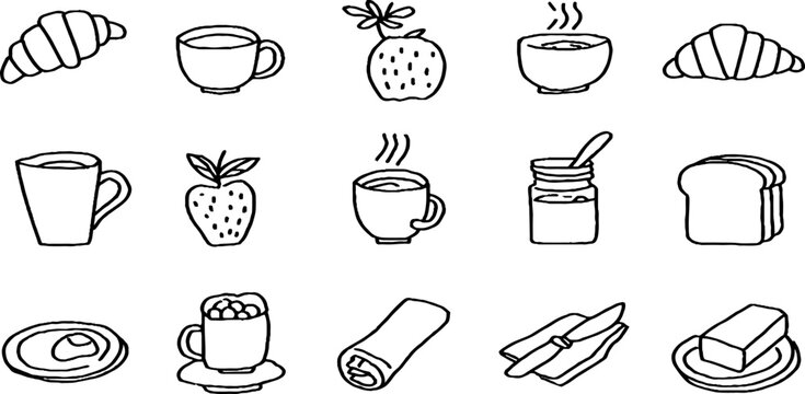 Minimal hand drawn breakfast sticker sheet with croissant coffee cup strawberry jam toast and butter line icons for planners labels and kawaii packaging