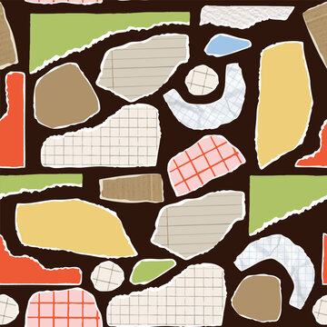 Torn paper pieces. Ripped papers with rough edges. Different materials, shapes, fragments. Collage, sticker note, reminder, banner concept. Hand drawn Vector illustration. Square seamless Pattern