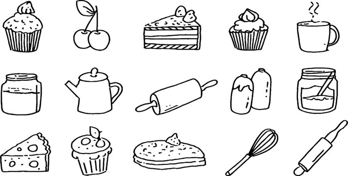 Hand drawn baking and dessert sticker sheet with cupcakes cherries jam jars whisk and rolling pin for craft design and printable sticker background