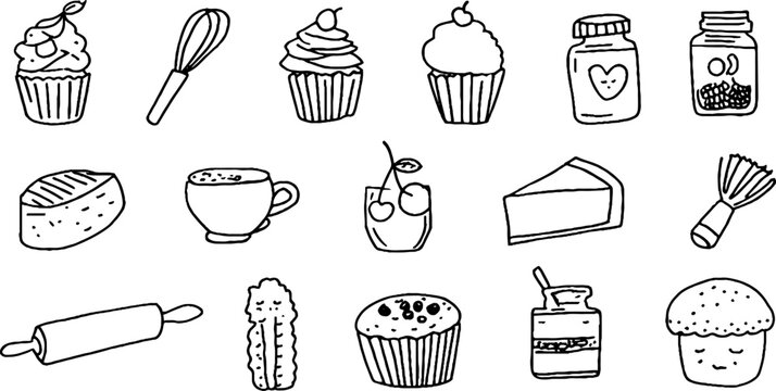 Hand drawn bakery sticker sheet with cupcakes whisk cake slices jam jars cherries and rolling pin for craft stickers and planner design background