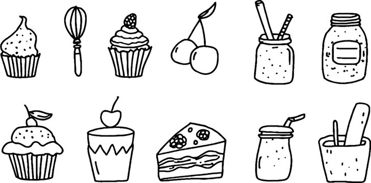 Hand drawn dessert sticker sheet with cupcakes whisk cake slices jam jars and cherries for planner stickers craft labels and scrapbooking design