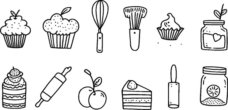 Hand drawn dessert sticker sheet with cupcakes whisk cake slices jam jars and cherries for planner stickers craft labels and scrapbooking design