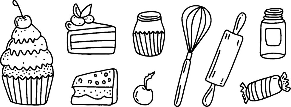 Hand drawn dessert sticker sheet with cupcakes whisk cake slices jam jars and cherries for planner stickers craft labels and scrapbooking design
