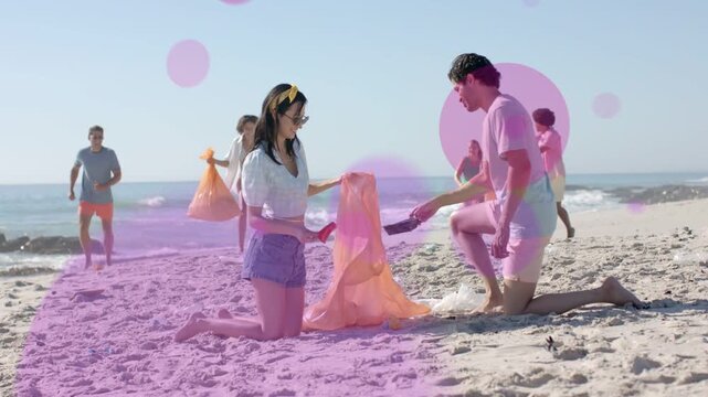 Woman opening orange bag, man passing debris, collecting beach waste for cleanup overlays tinting