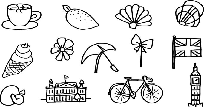 Hand drawn european summer sticker sheet with espresso cup lemon shell umbrella bicycle bigben and castle icons for postcard background