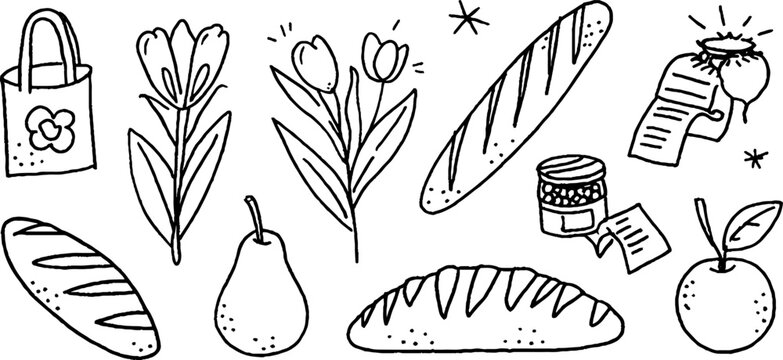Baguette and floral themed farmers market sticker sheet with tote tulip pear jam jar and bread icons for packaging and pattern design