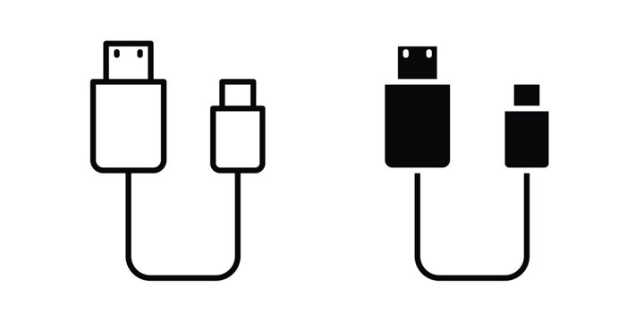 Charging cable icon. Line and glyph solid vector collection.