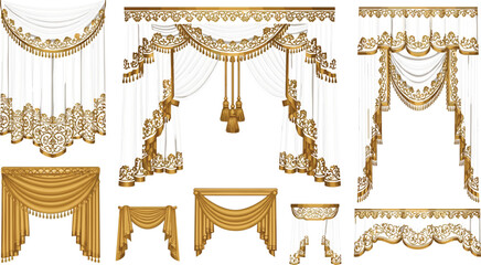 Luxury Gold and White Curtain Drape Set with Ornate Valance, Tassel, and Fringe for Royal, Baroque, and Interior Decoration Designs Luxury Gold and White Curtain Drape Set with  © Monirul