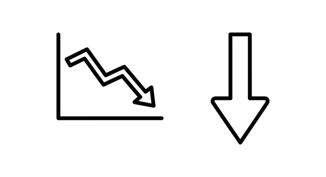 Dropoff graph and downward arrow icons with downward decrease reduction negative analytics statistics performance business recession percentage information vertical horizontal