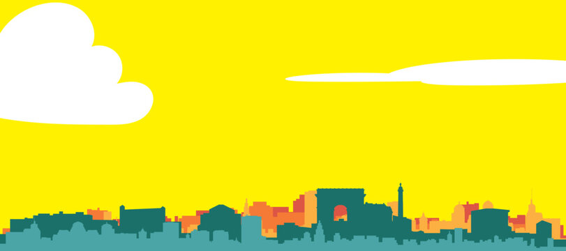 A colourful vector cityscape with sunset tones representing retro minimalist tourist poster skyline of PARIS, FRANCE