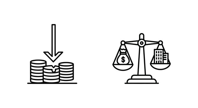 Debt-to-equity ratio icons: falling coins and financial scale with business investment building liability valuation analysis financial corporate management creditor illustration