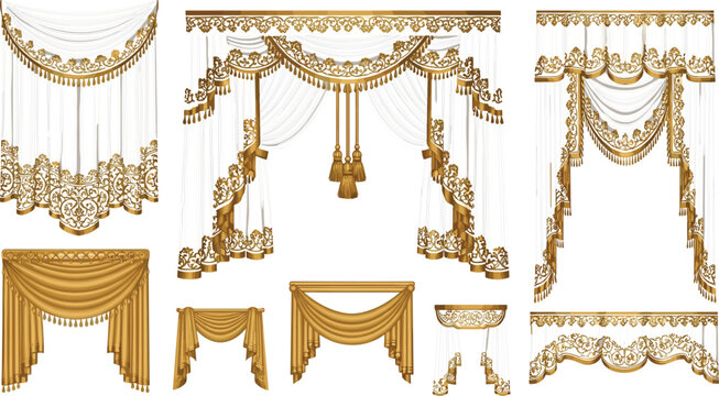 Luxury Gold and White Curtain Drape Set with Ornate Valance, Tassel, and Fringe for Royal, Baroque, and Interior Decoration Designs
Luxury Gold and White Curtain Drape Set with 