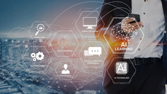 AI learning system involves deep learning, supervised machine learning, and natural language processing. AI learning diagram shows how AI advances learn in automation and data processing. Muxer