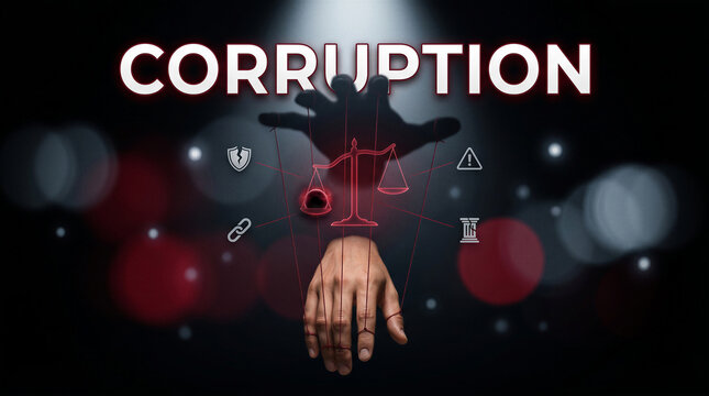Corporate corruption, Political fraud, Justice system manipulation, Dark puppet master hand controlling legal scales with glowing red icons on a moody bokeh background.
