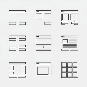 Set of wireframe website layout templates presented as grid sketches.