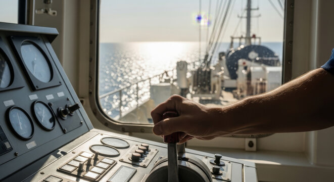A male navigator operates a ship's control panel, steering through sunlit waters with a serene horizon in view.