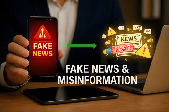 Fake news and misinformation concept with media literacy and fact checking awareness digital interface