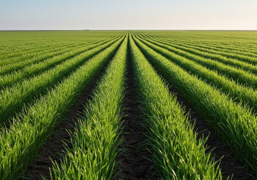 Frische, leuchtend gr&uuml;ne junge Maissetzlinge wachsen akkurat in langen Reihen auf einem landwirtschaftlichen Feld unter klarem Himmel, Tag, leuchtend, Jungpflanze
