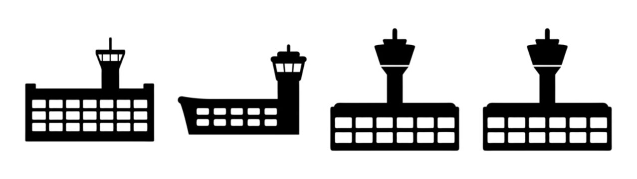 four airport control towers flat design vector illustration