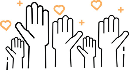 Obraz premium Hands raised with hearts and plus signs around symbolizing love and approval