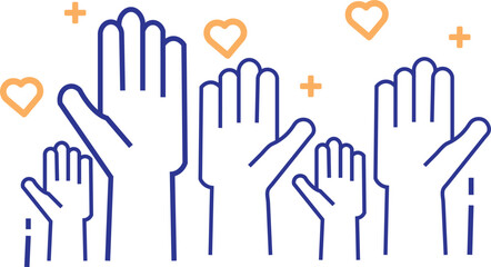 Fototapeta premium Hands raised with hearts and plus signs around them in blue and orange colors symbolizing support and care