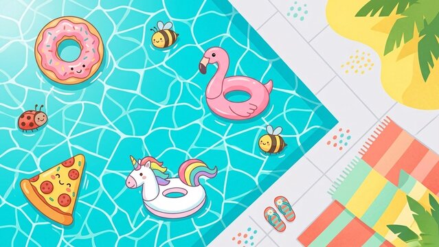 Seamless pattern of swimming pool with flamingo and unicorn floats, kawaii style