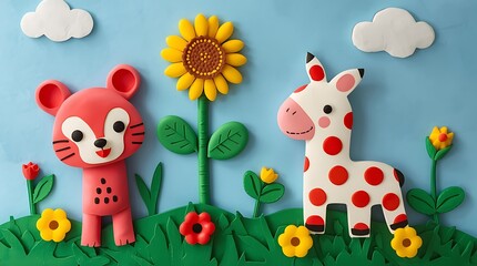 Naklejka premium Whimsical Clay Animals and Sunflower on a Playful Background.