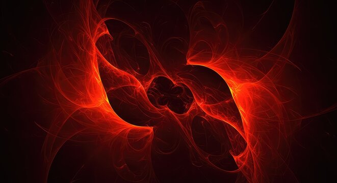 Explosive abstract digital art featuring intense, high-contrast, swirling patterns of deep crimson, vibrant orange, and shadowed black, energy, concentrated, saturation
