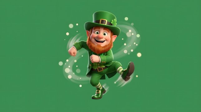 Leprechaun dancing in green costume. Happy mythical character celebrating Saint Patrick Day. Irish folklore creature with red beard and tall hat. Fantasy festive seasonal illustration.