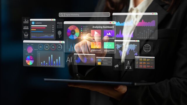 Colorful data dashboards with graphs, charts, and marketing metrics representing online campaign performance and business intelligence Parse