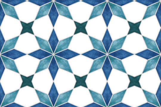 Blue geometric tile seamless pattern with watercolor textures forming repeating star shapes. for elegant decorative surface and interior design