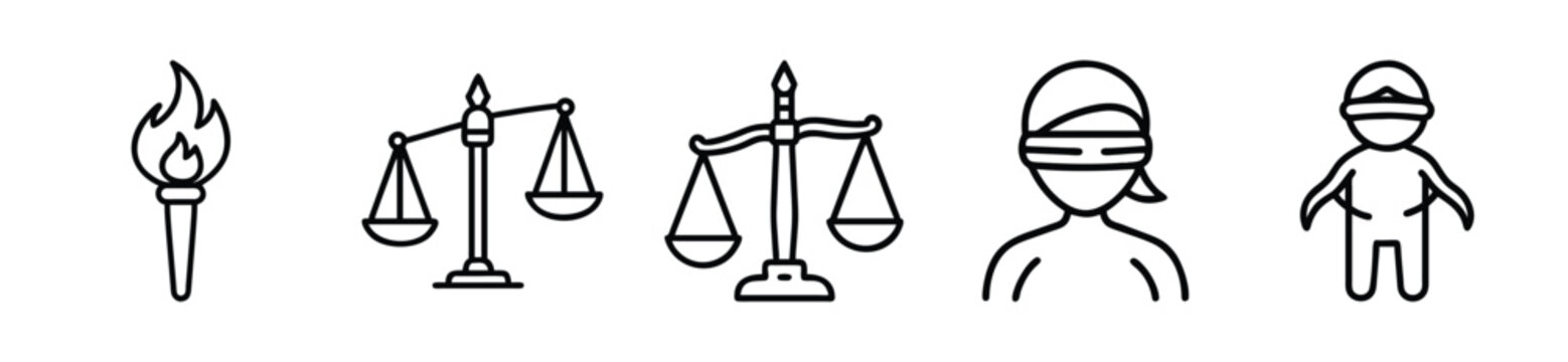 Detailed vector graphic illustration featuring five essential legal and justice themed line icons isolated on a clean white background for design usage