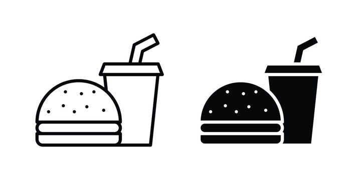 Hamburger and soft drink cup icon. Line and glyph solid vector collection.