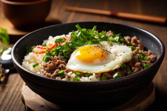Pad krapow gai with steamed rice, minced pork, fried egg, chili, and cilantro