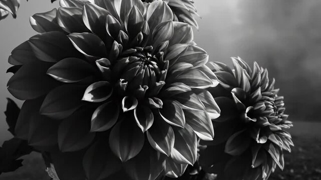 Black and white close up of a cluster of dahlia flowers in a garden with a dreamy background