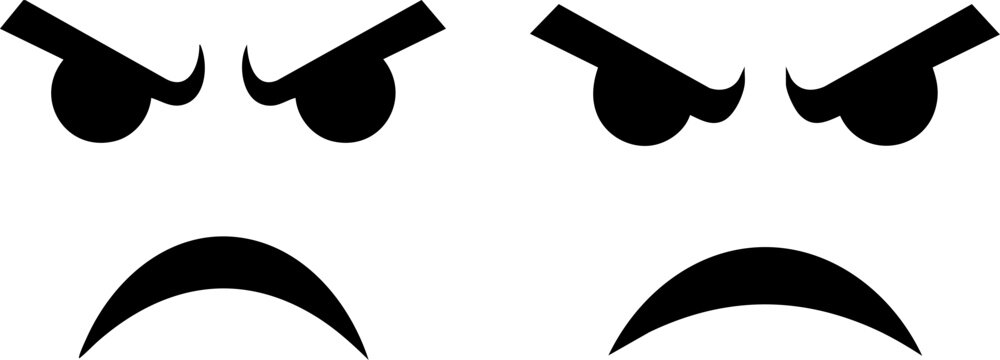 Angry face emoji vector set, furious facial expression icons, grumpy black silhouette eyes and mouth, mad character mood graphics for social media