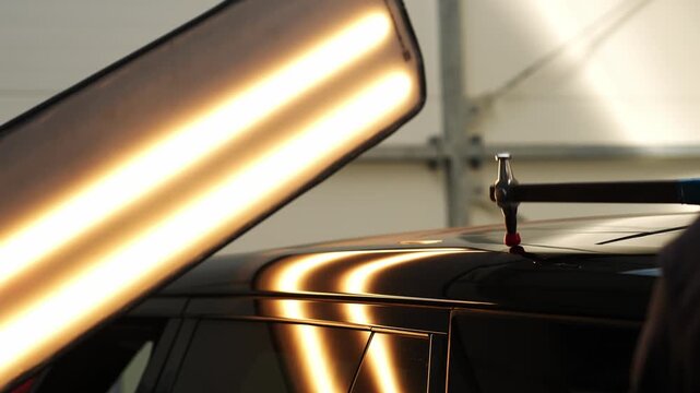 4k video PDR technician actively strikes the vehicle roof with a knockdown hammer under bright LED illumination.
