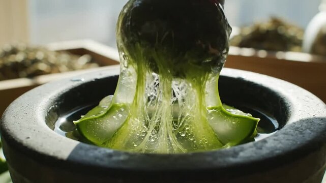 Close-up of mortar and pestle grinding aloe vera leaves to extract the beneficial gel for natural remedies