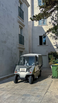  18.04.2026,Perast,Montenegro.Compact Utility Vehicle in Narrow Old Town Alley